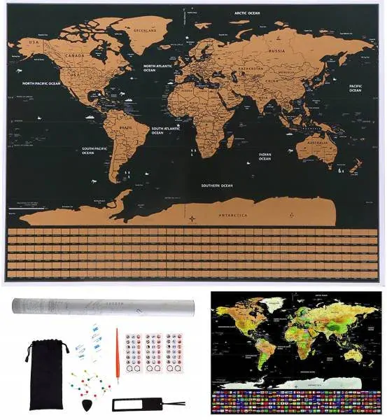 Velká Stírací mapa světa s vlajkami Deluxe 82 x 59 cm s příslušenstvím černá