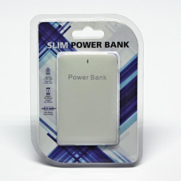 Powerbanka, slim, Li-ion, 5V, 2500mAh, nabíjení mobilních telefonů aj., SLIM, microUSB a lightning konektor, bílá